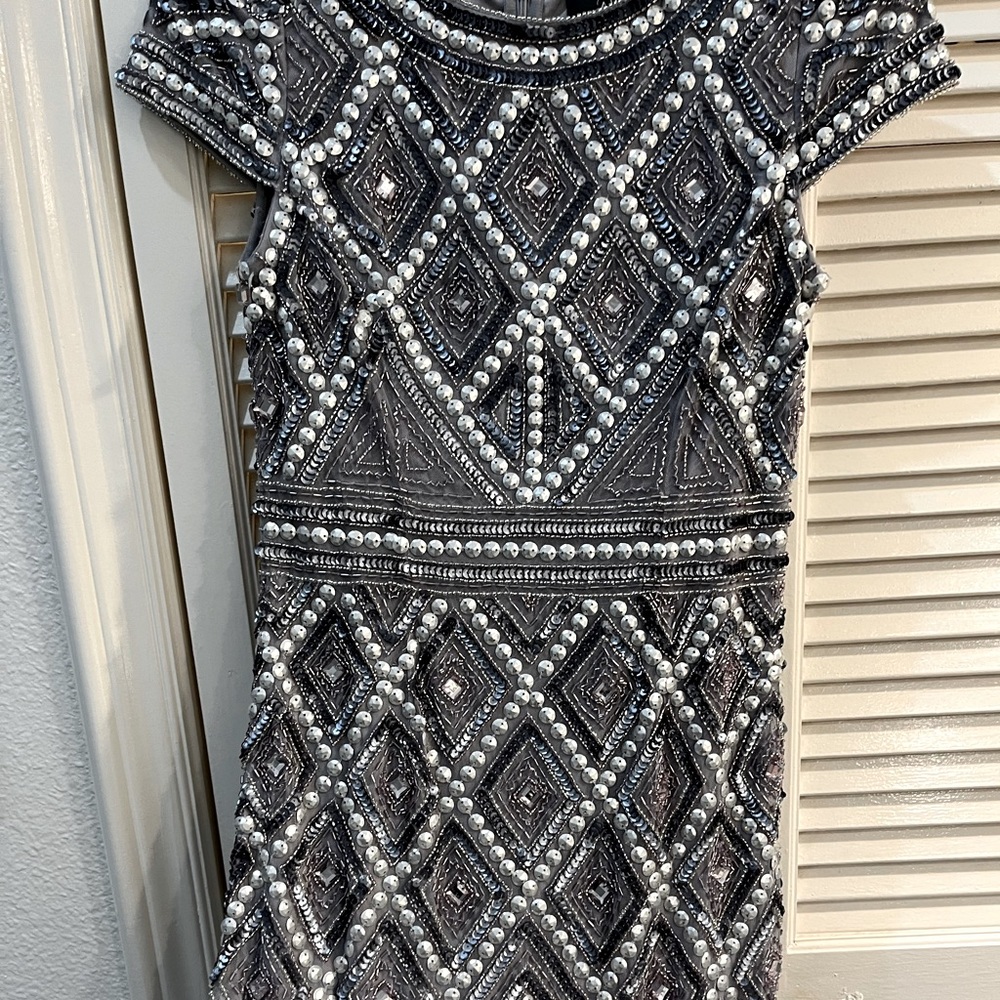 Silver, beaded designer statement dress